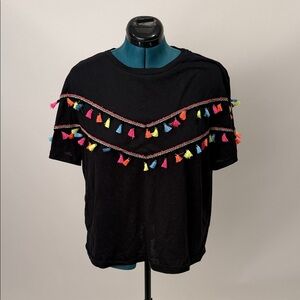 SHEIN Black Tee with Colorful Tassels